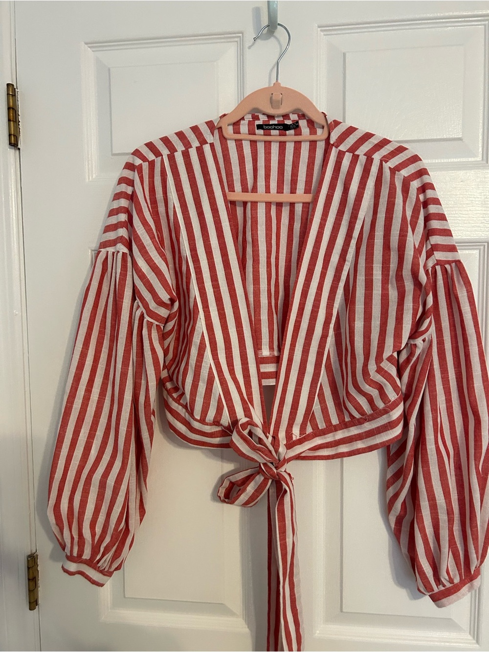 Boohoo Red and White Striped Tie-Front Crop Top